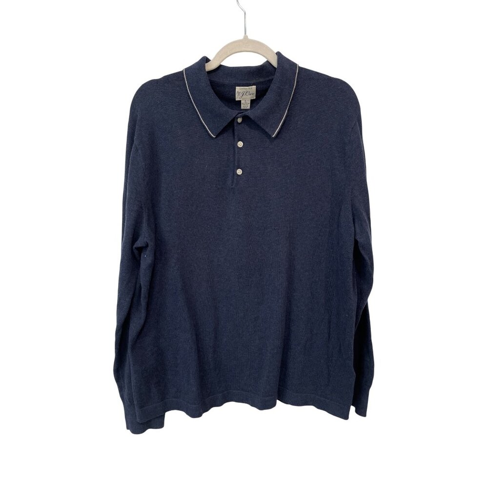 J Crew Polo Sweater Size Large Collared Long Sleeve Cotton Silk Navy Blue Knit